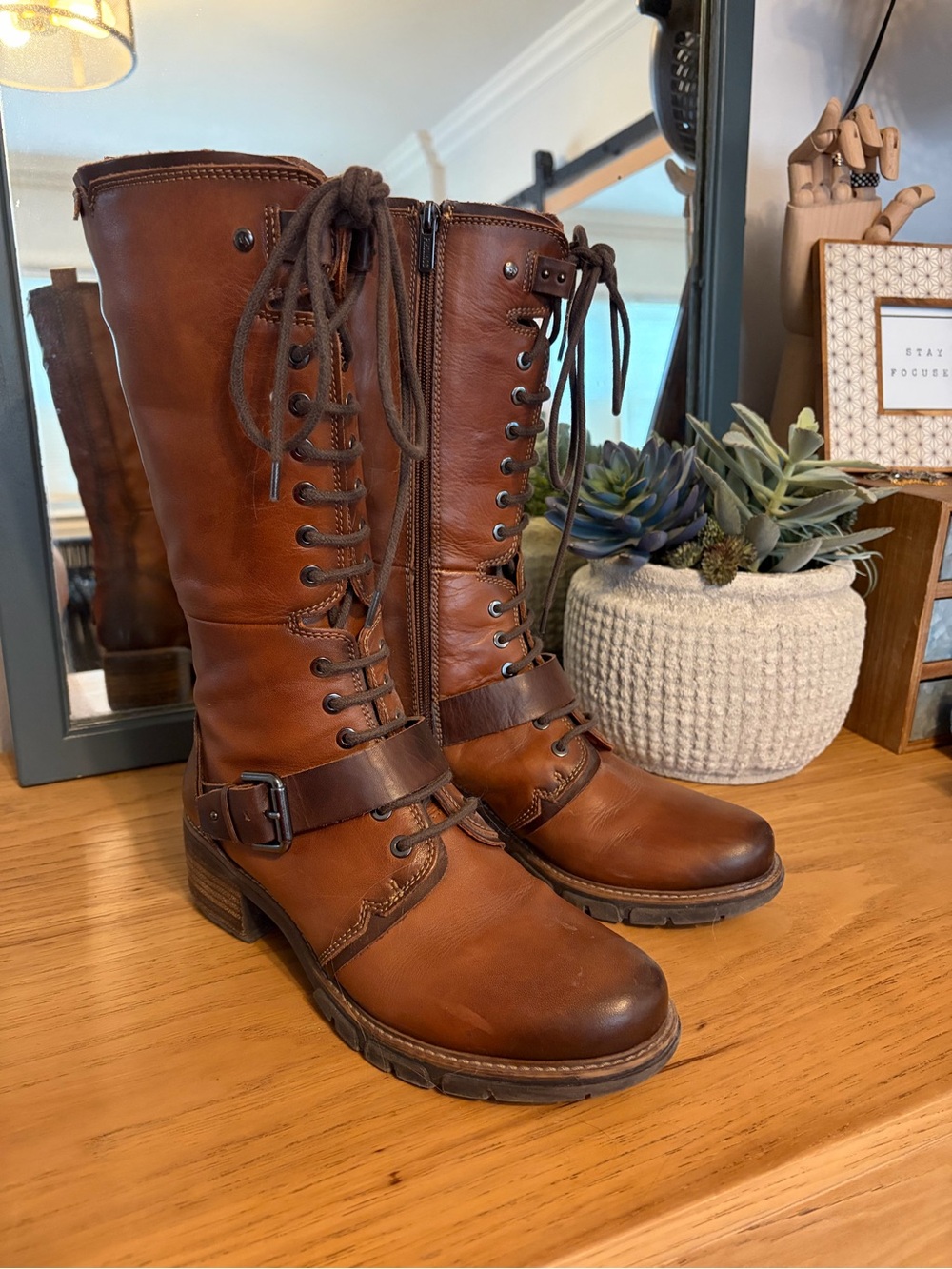PIKOLINOS Women's Brown Lace-Up Mid-Calf Leather Boots with Buckle